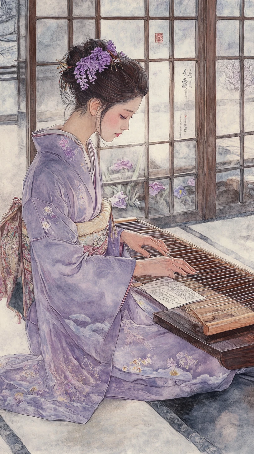 A traditional Japanese woman playing koto in a sunlit tatami room