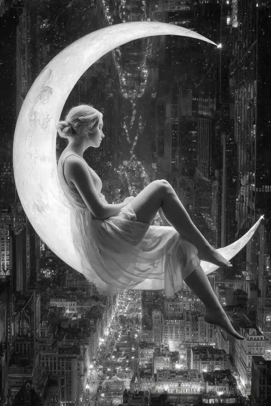 A woman sits on a crescent moon with glowing stars above a sleeping city