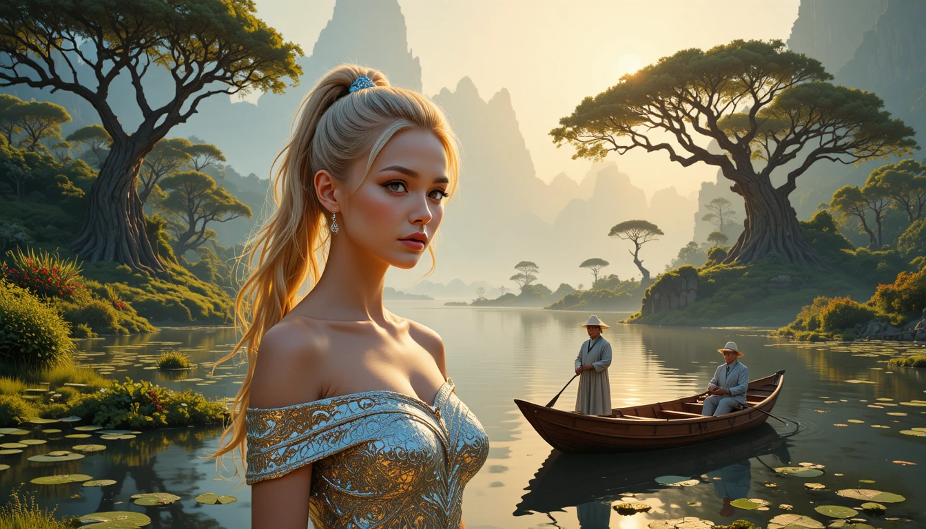 A Blonde Woman in a Shimmering Silver Top with a High Ponytail