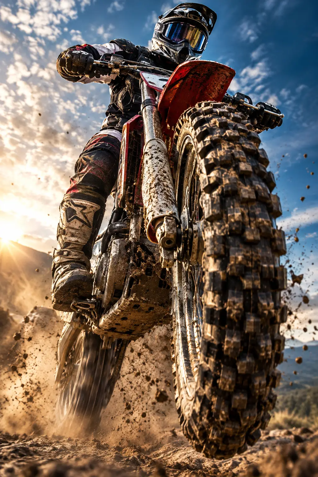 Motocross-Fahrer startet im dramatischen Close-up einen Wheelie in Richtung Kamera