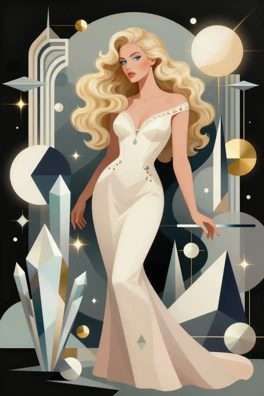 A blonde woman bends forward in a geometric fantasy dreamscape