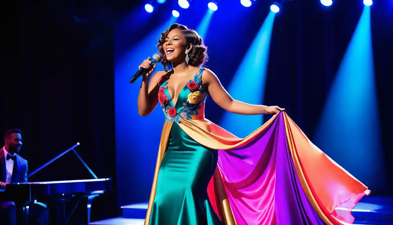 A singer commands the stage in a flowing multicolored evening gown