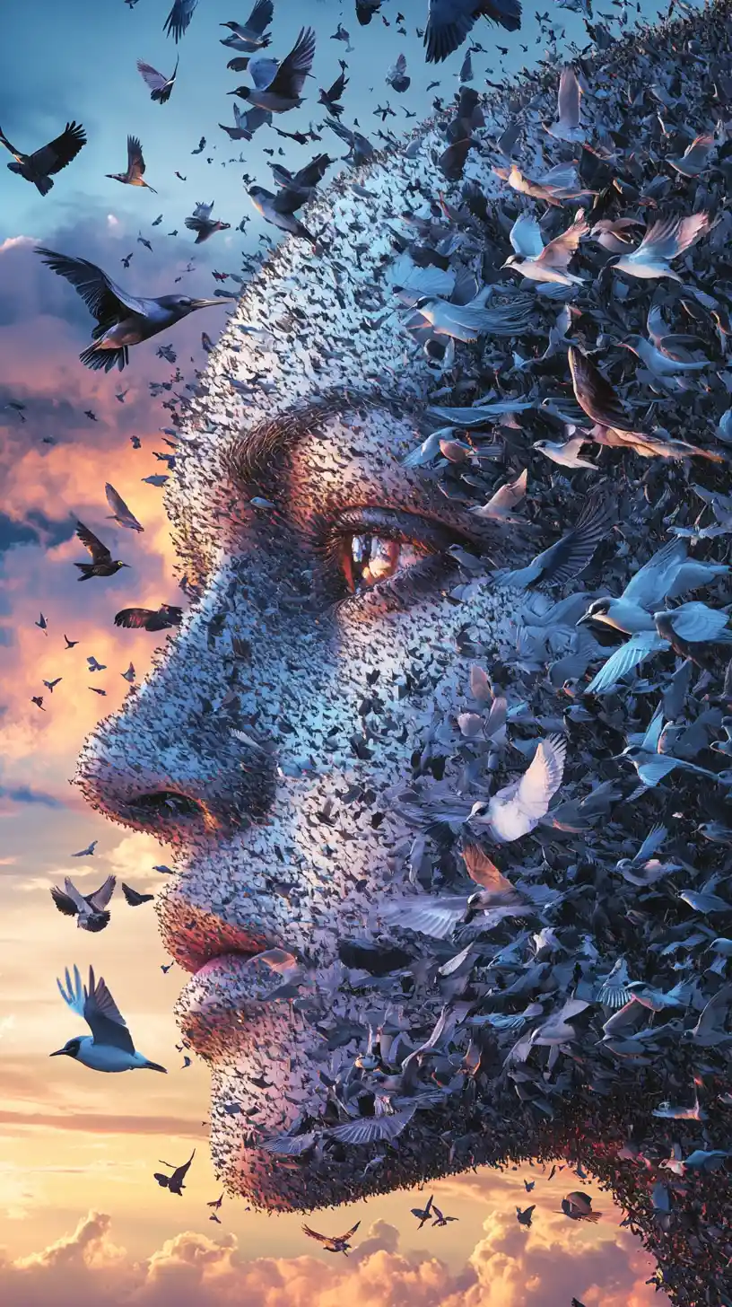 A portrait formed by flocks of birds against a sunset sky