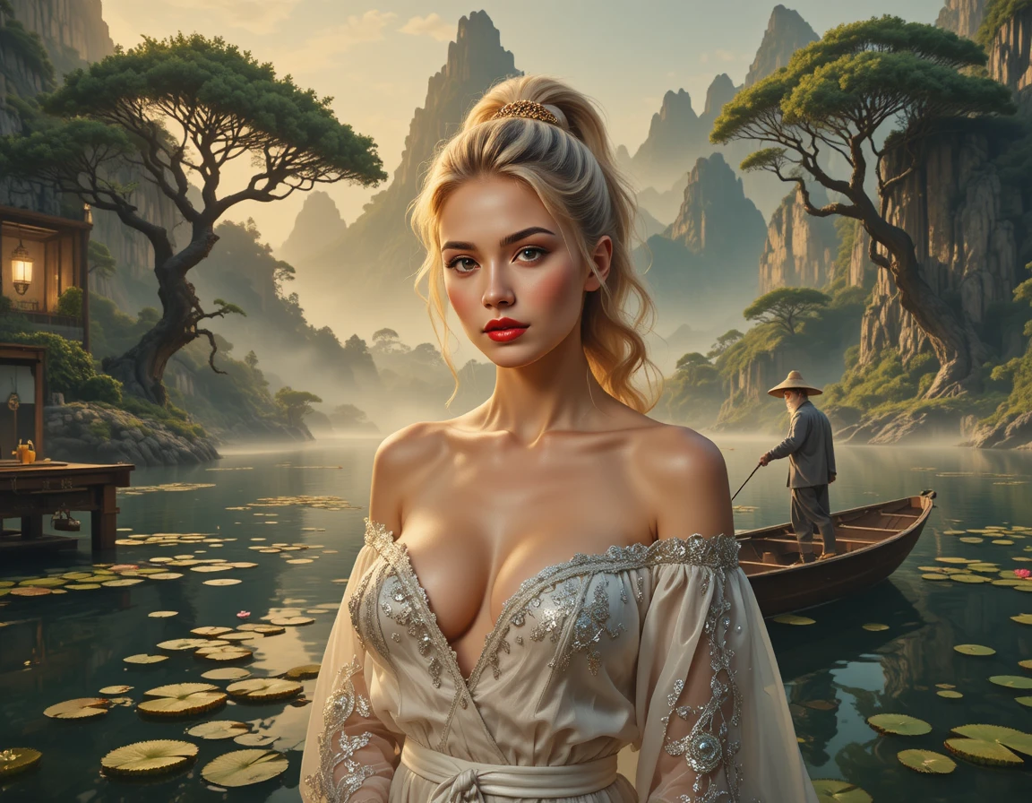 A Blonde Woman Frames a Fisherman on a Serene Mountain Lake