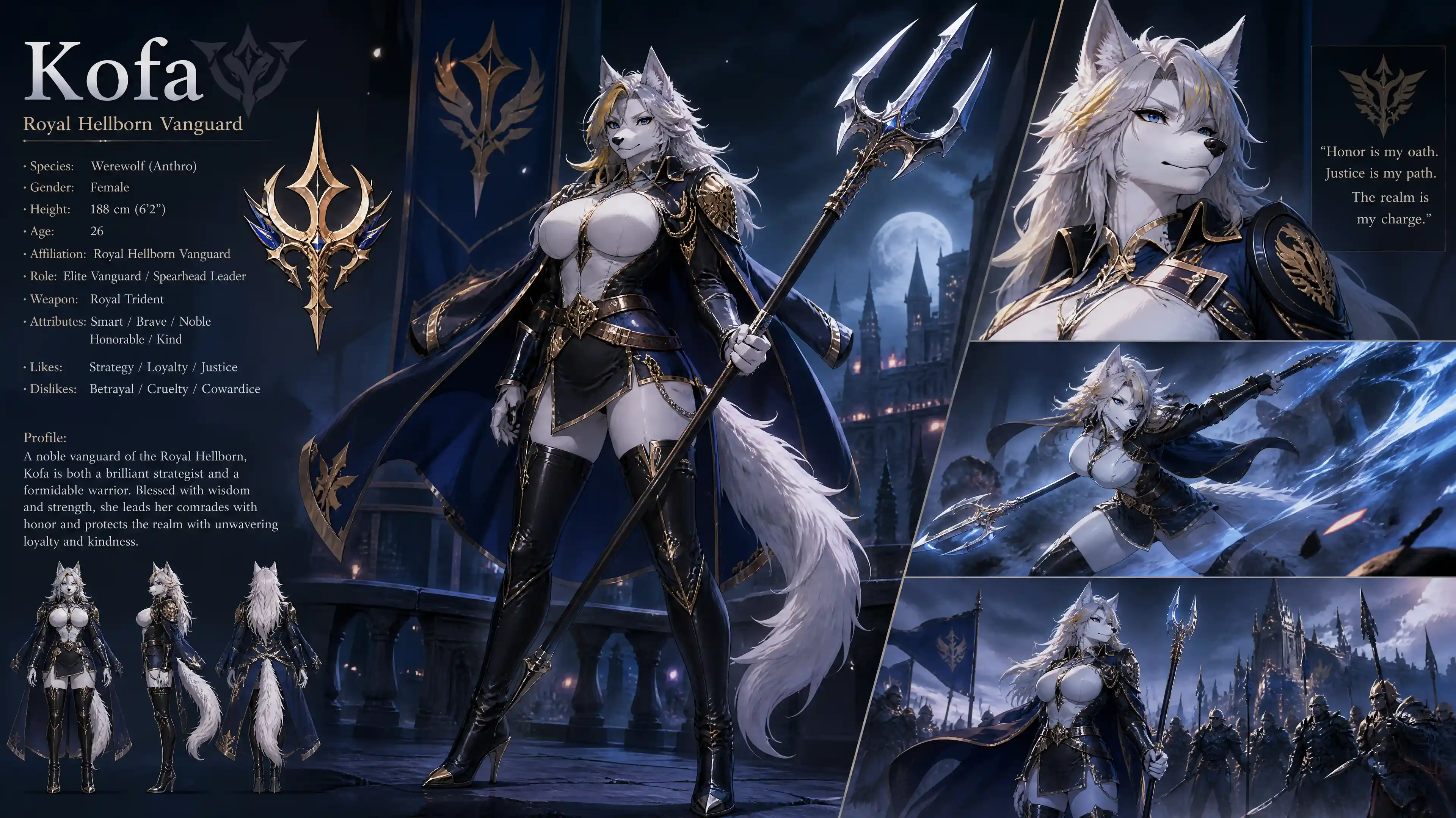 A white-furred werewolf in a royal vanguard uniform with a trident