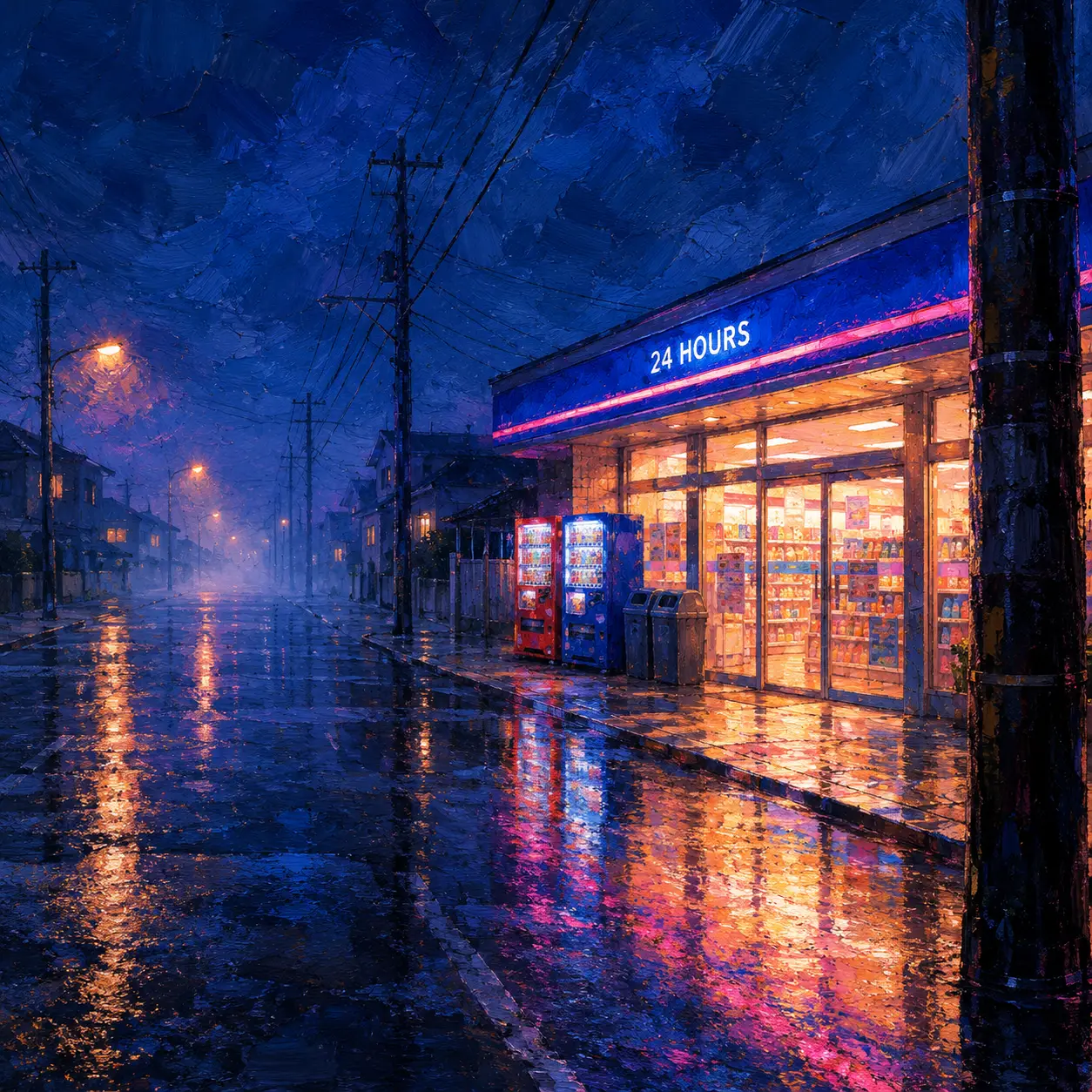 便利商店旁，寧靜的夜街閃耀著光芒