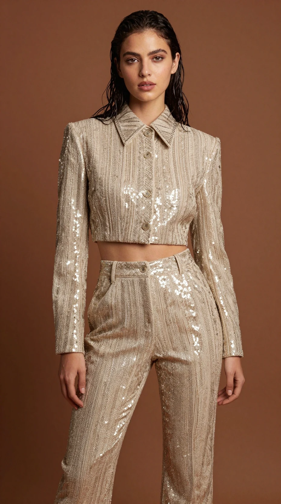 Una donna con un completo dorato decorato davanti a uno sfondo color bronzo