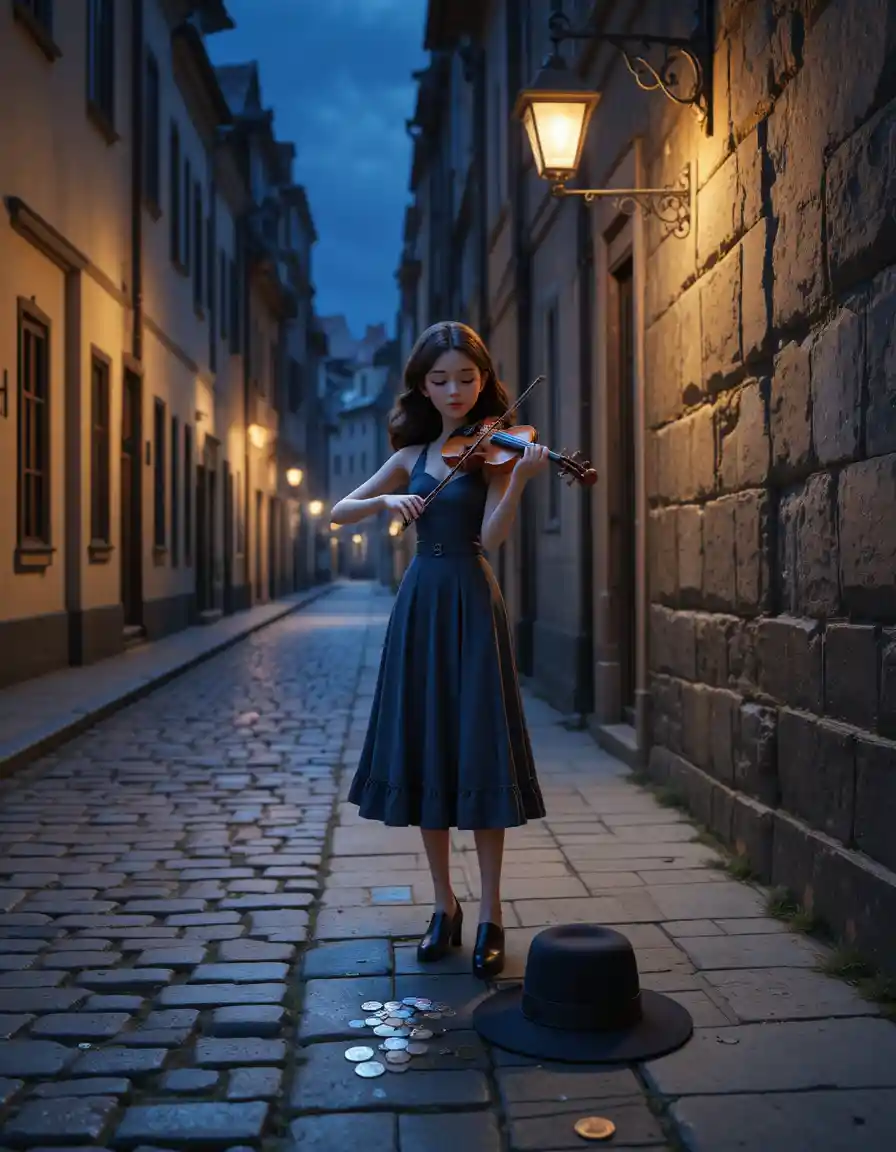 A young violinist performs on a narrow European cobblestone street