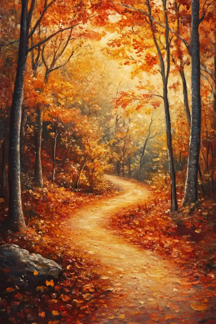 A winding path through a golden autumn forest at sunset