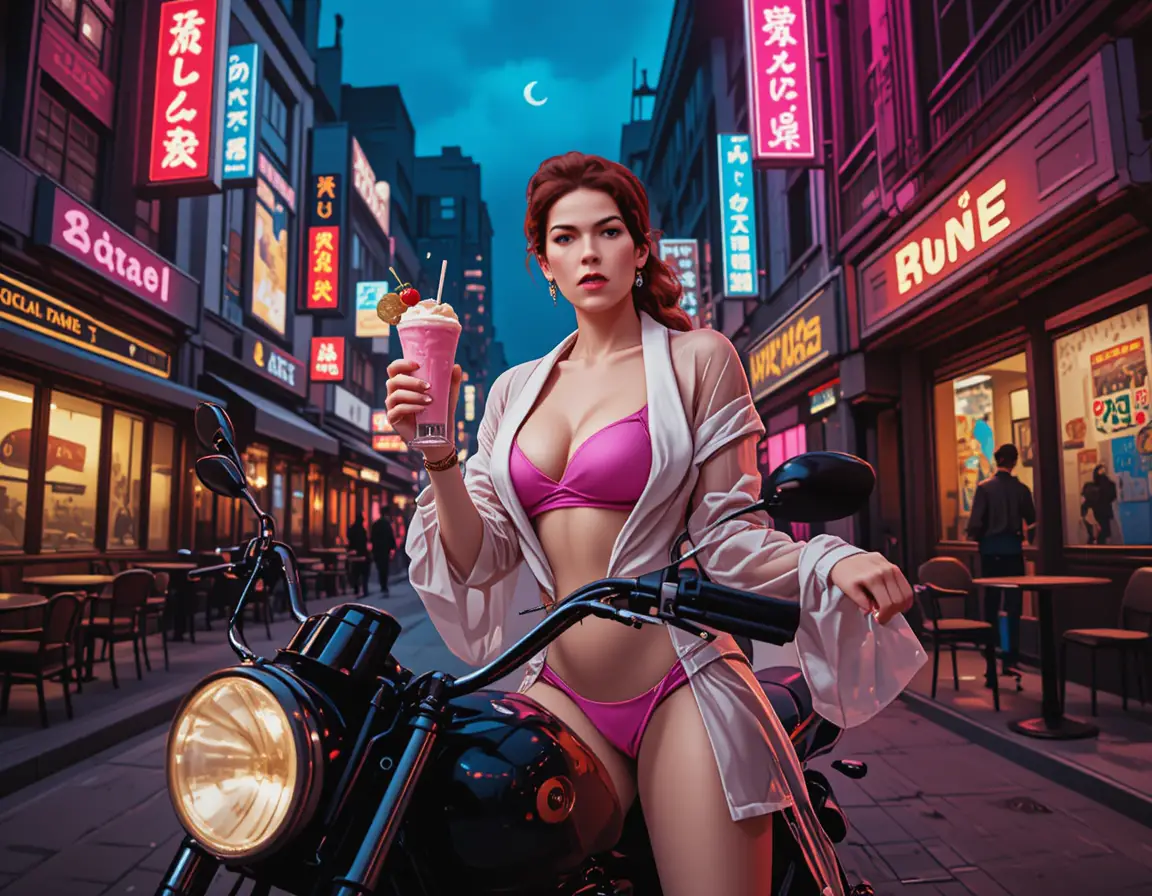 황혼 무렵 오토바이에 앉아 핑크 밀크셰이크를 든 빨간 머리 여성
