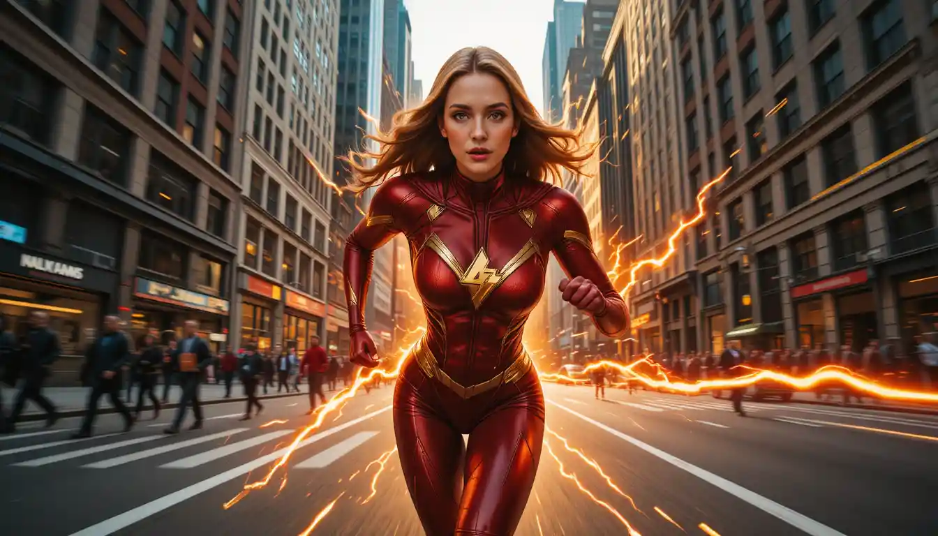 Uma super-heroína vestida de carmesim atravessa em alta velocidade uma rua ensolarada