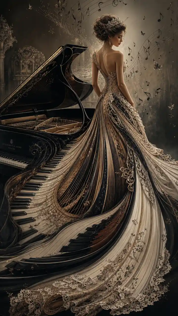 A Grand Piano Unfolds Into an Elegant Pleated Gown