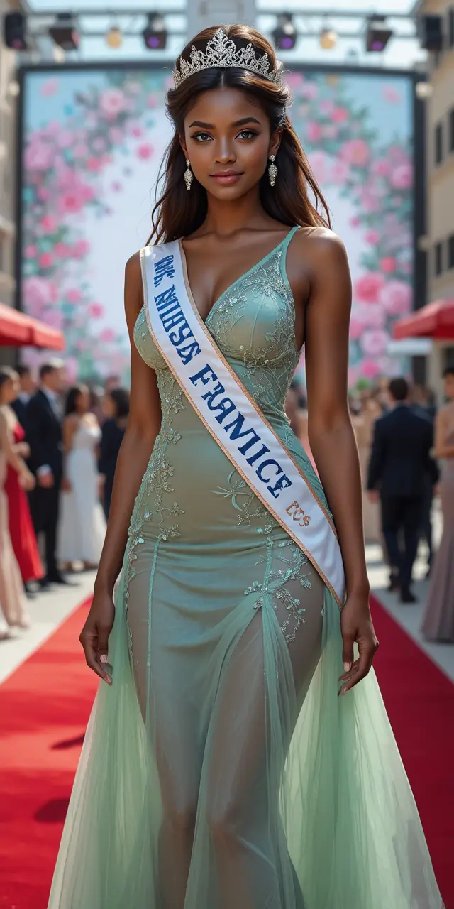 Miss France steht selbstbewusst in einem hellgrünen Kleid auf dem roten Teppich