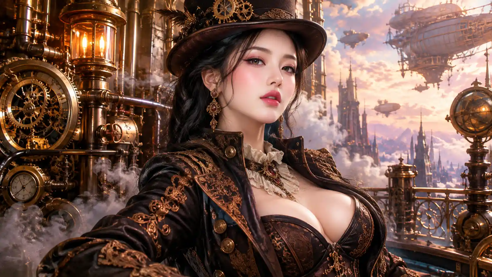 蒸気を噴くパイプと精巧な時計仕掛けに囲まれたヴィクトリア朝の女性