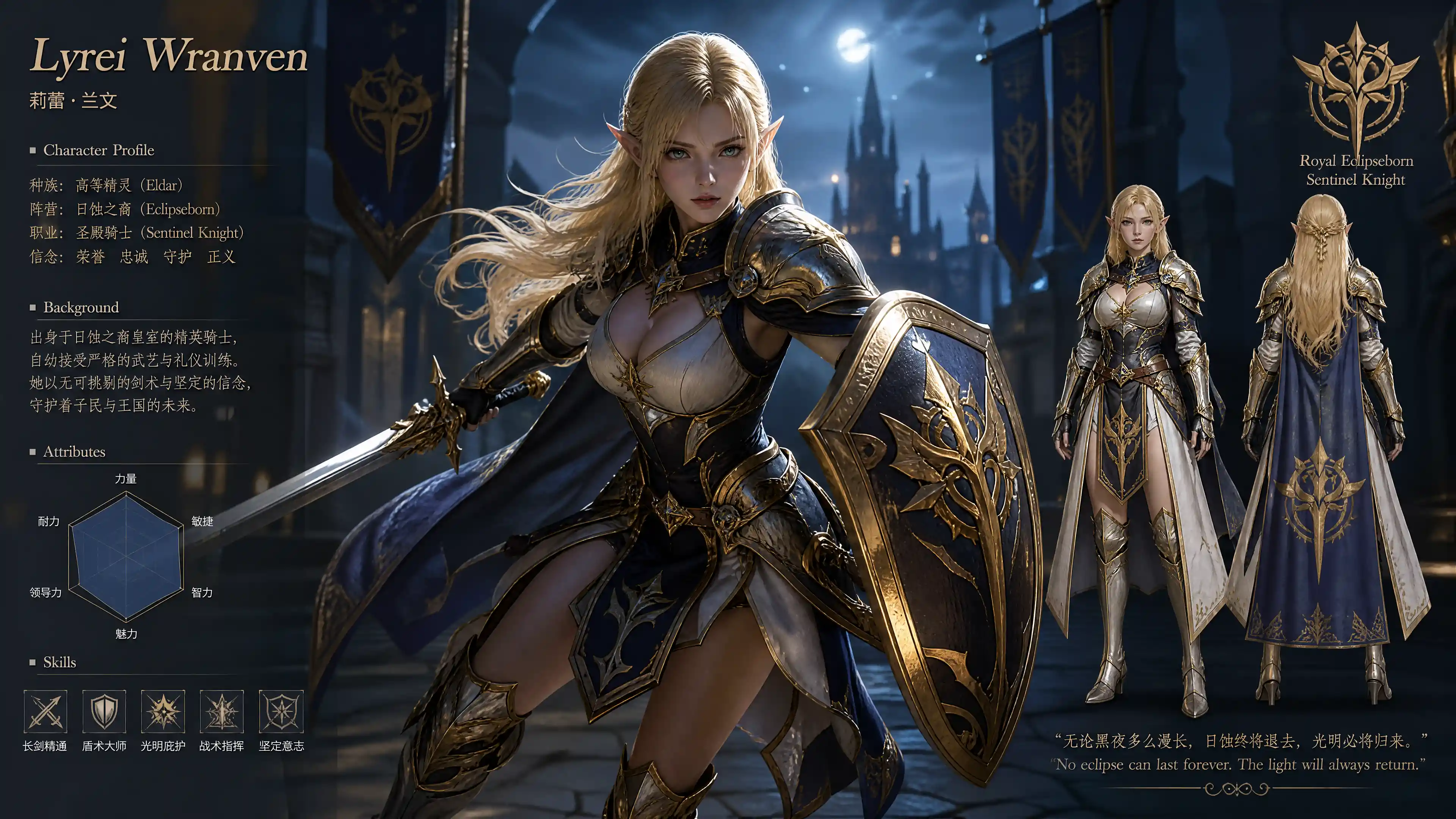A blonde elf knight in uniform with longsword and shield