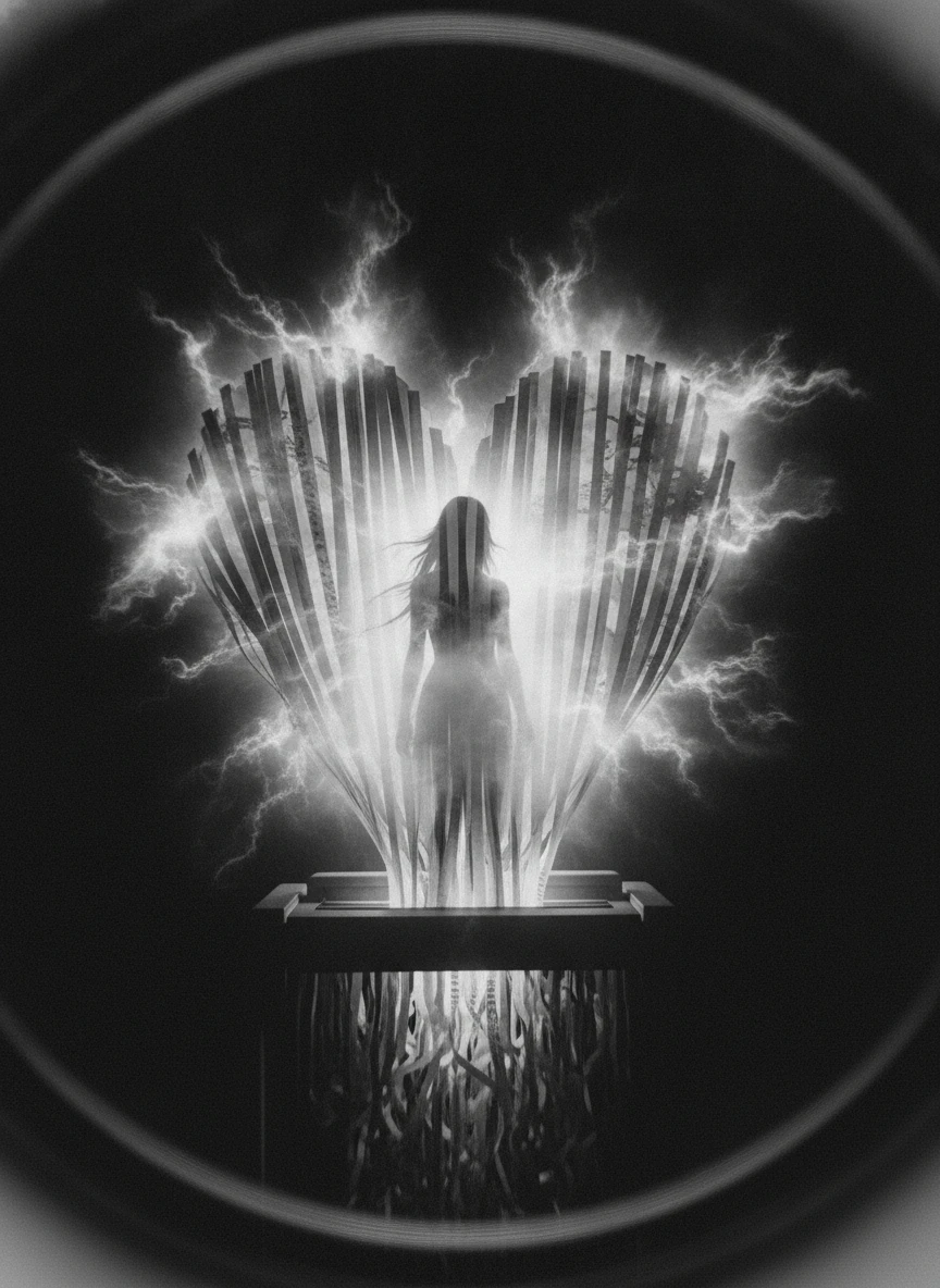 A phantom feminine presence emerges through layered, darkening shadows