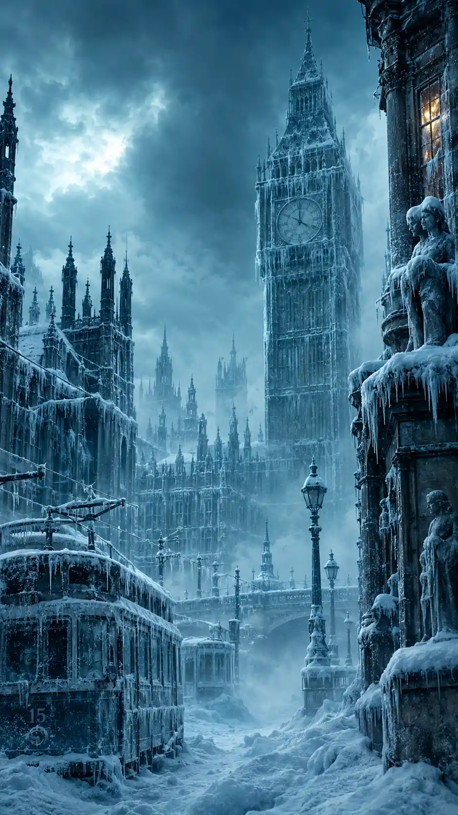 Un paisaje urbano de Londres congelado bajo una colosal torre del reloj cubierta de hielo