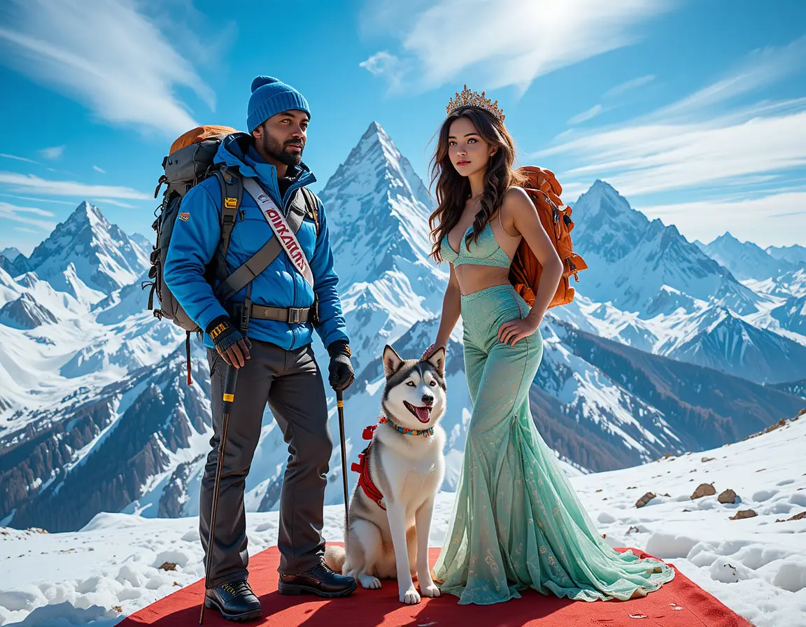 Zwei Bergsteiger und ein Husky auf einem verschneiten Alpengipfel