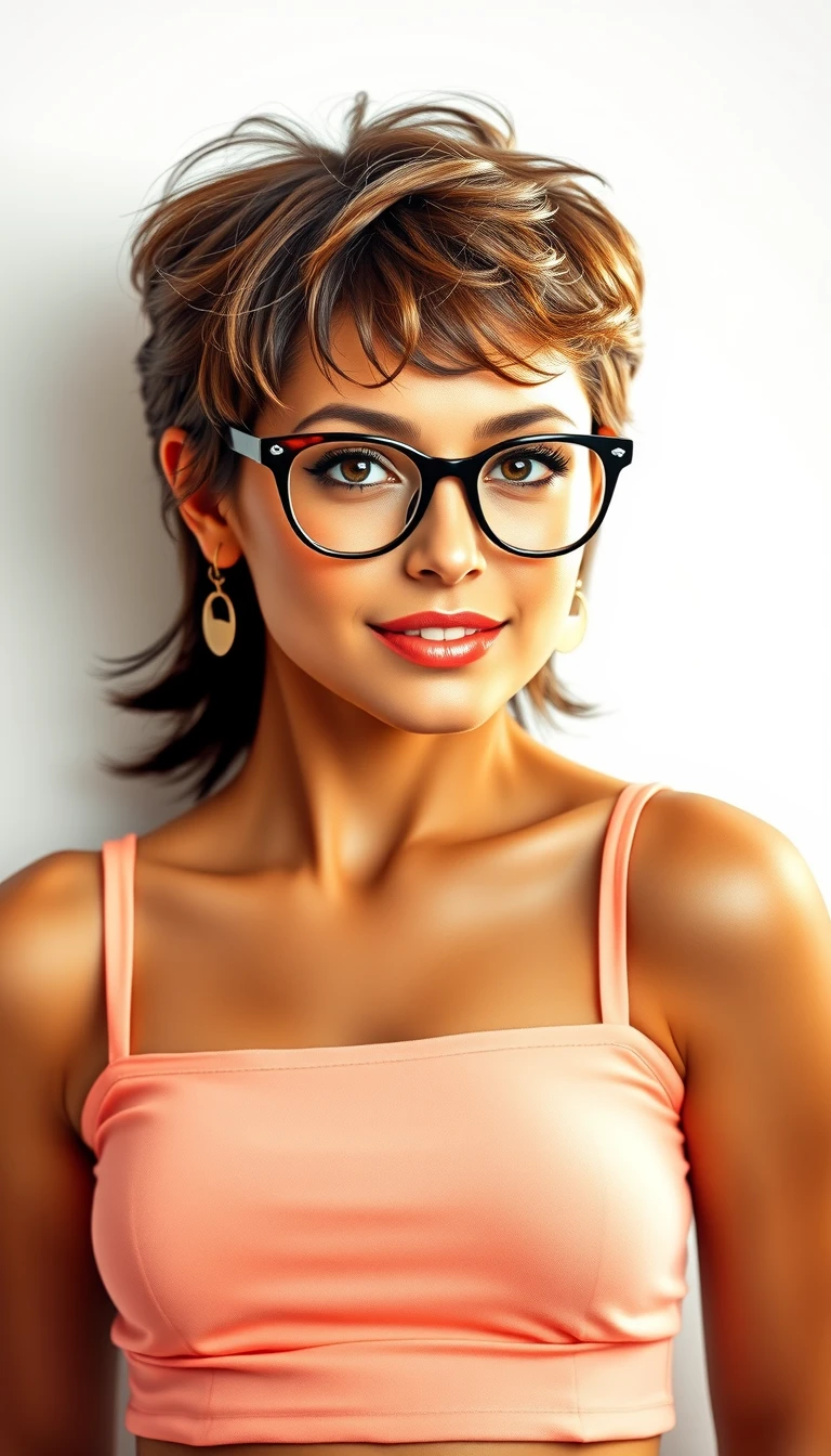 Ein junges Mädchen mit Cat-Eye-Brille beugt sich vor einem weißen Hintergrund nach vorn