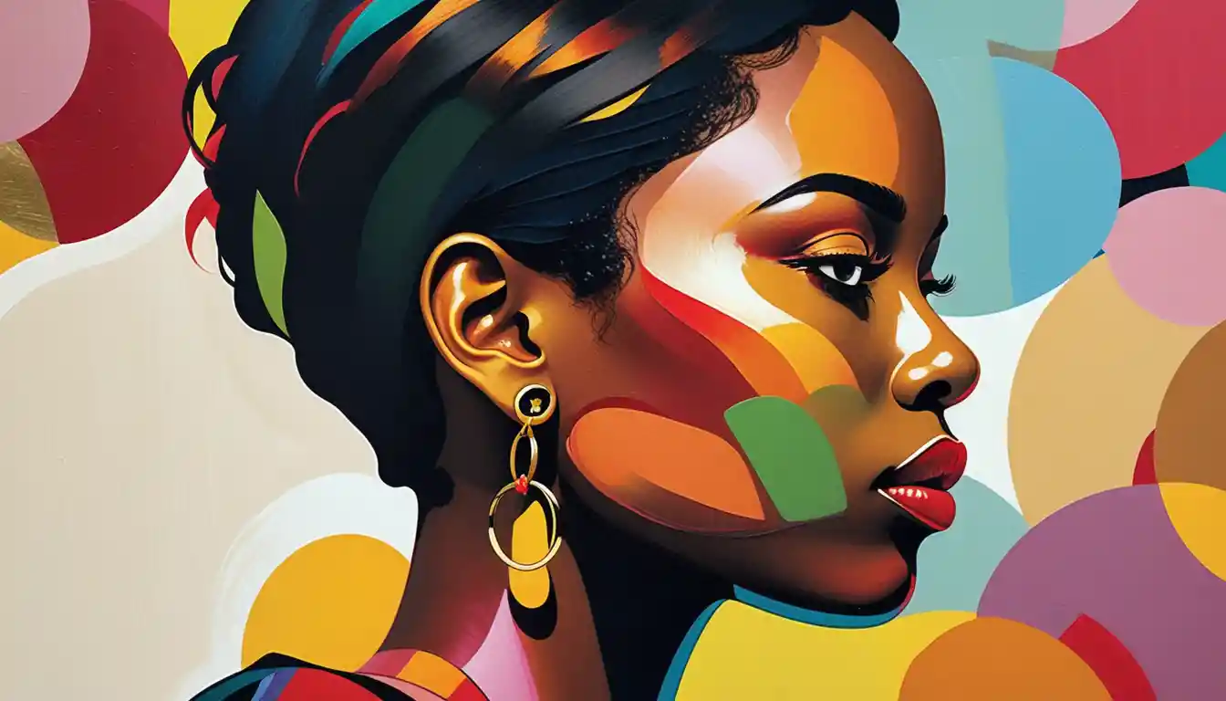 A Black woman’s downward profile with vivid impasto hair