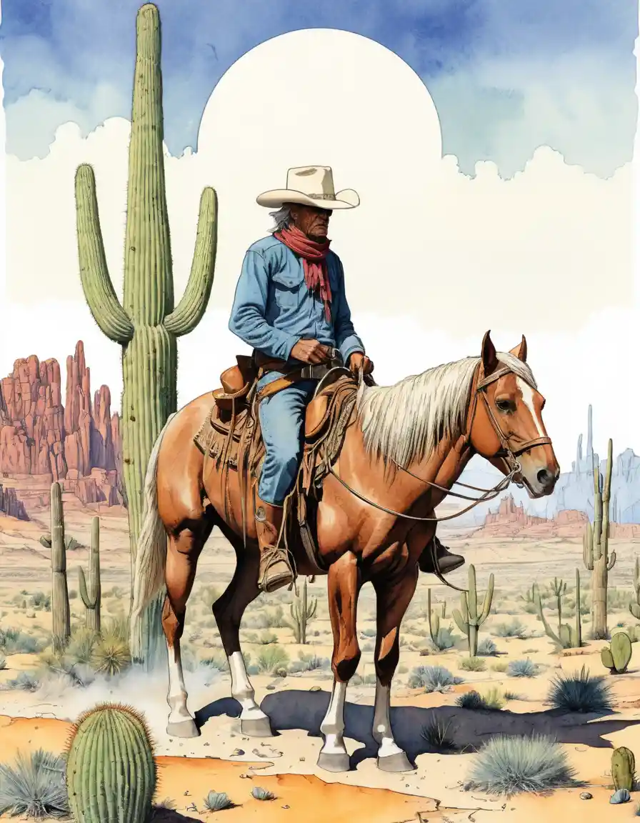 Un vaquero cabalga por un desierto cubierto de cactus, con mesetas a lo lejos