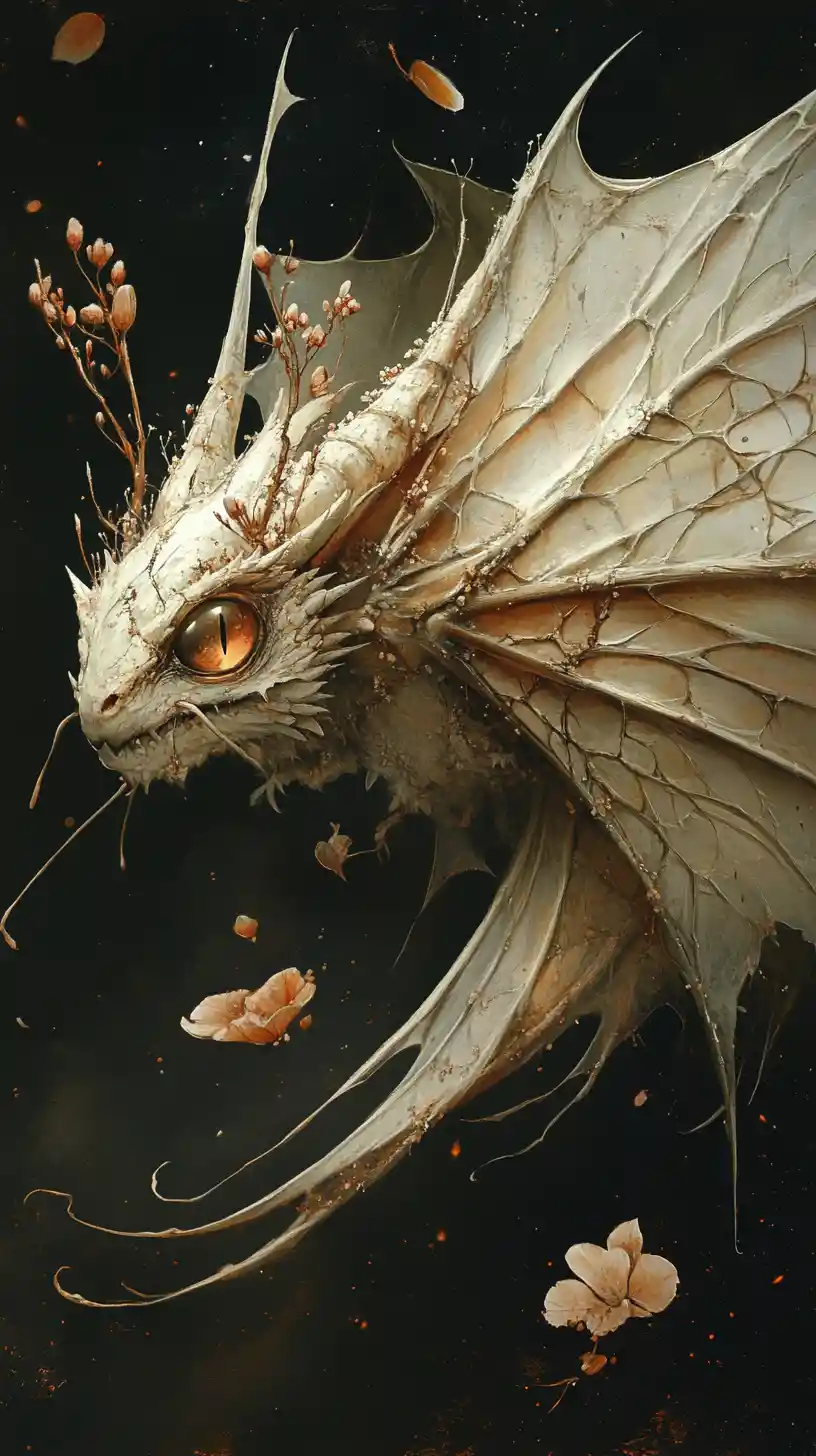 Un piccolo drago con ali sovrapposte simili a quelle di una falena e scaglie floreali