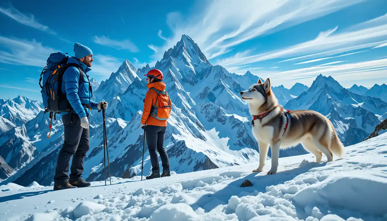 Bergsteiger und ein Husky stehen gemeinsam auf einem verschneiten Alpengipfel
