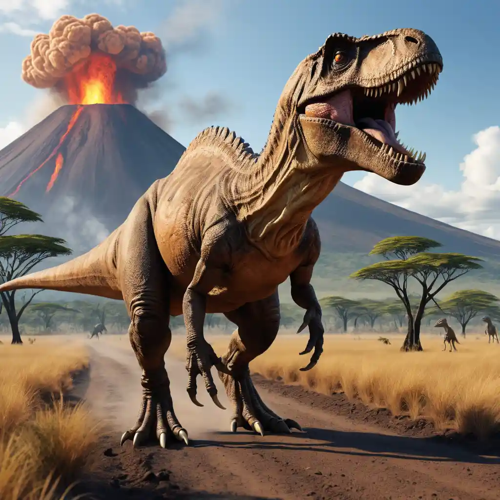 A tyrannosaurus rex crosses the savanna as a volcano erupts in the distance
