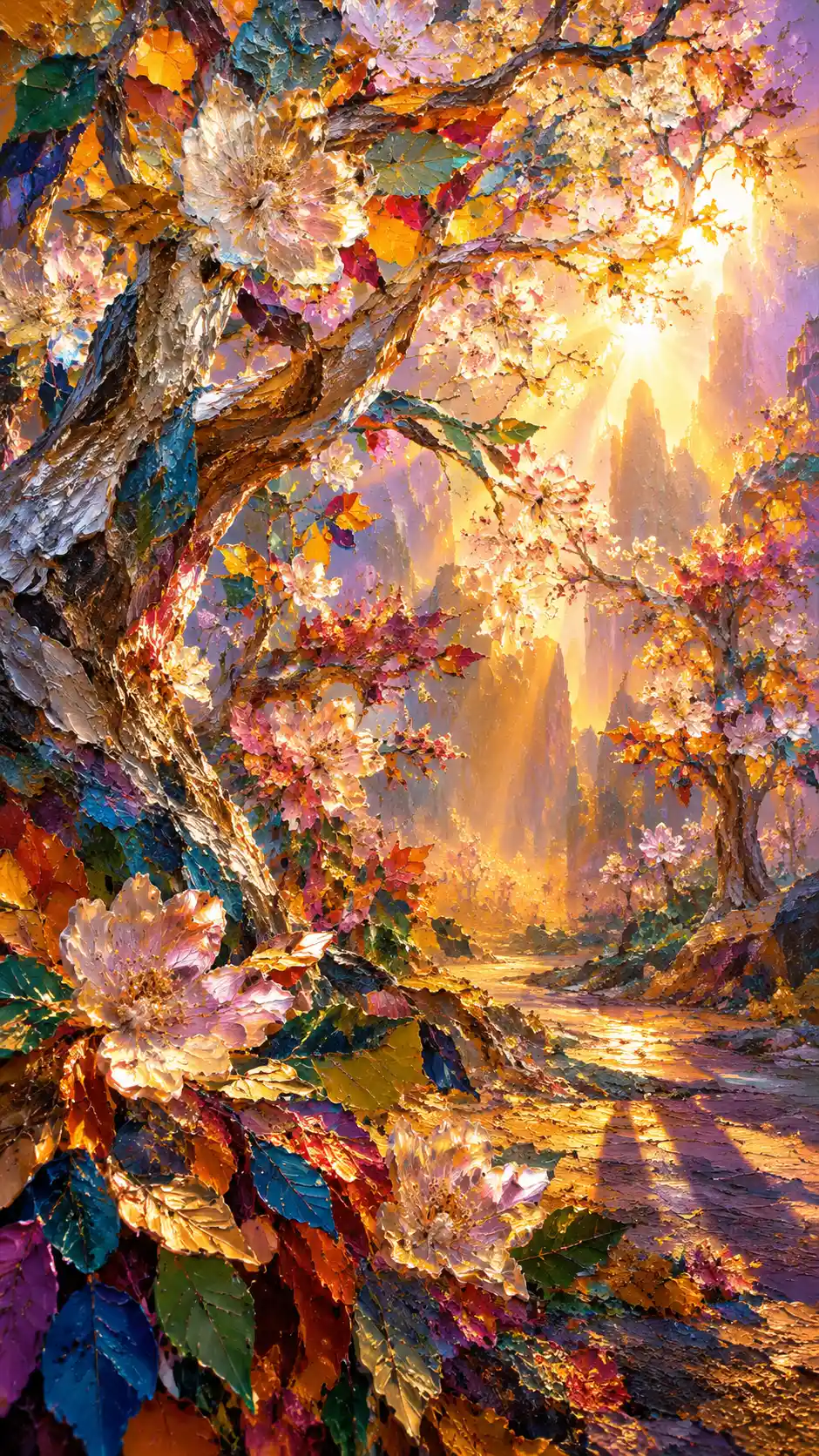Ancient Trees and Crystalline Flowers Glow Beneath a Sculptural Dawn