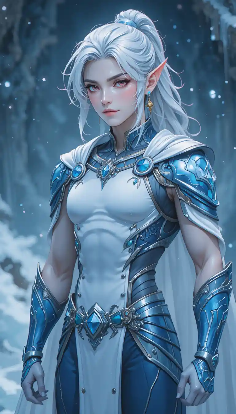 Ein Fantasy-Mann im Anime-Stil mit Engelsflügeln und gletscherblauer Rüstung