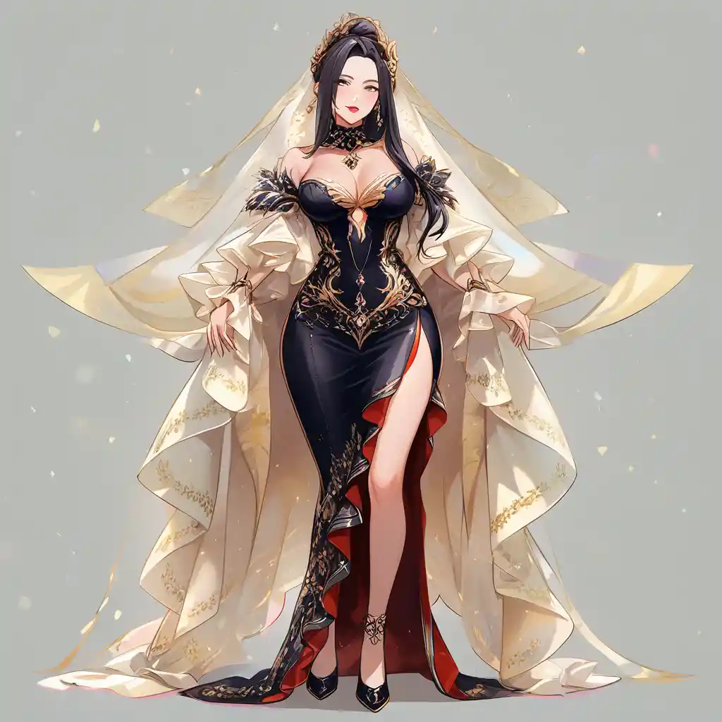 An Indian woman in a sienna gown with ornate gold embellishments