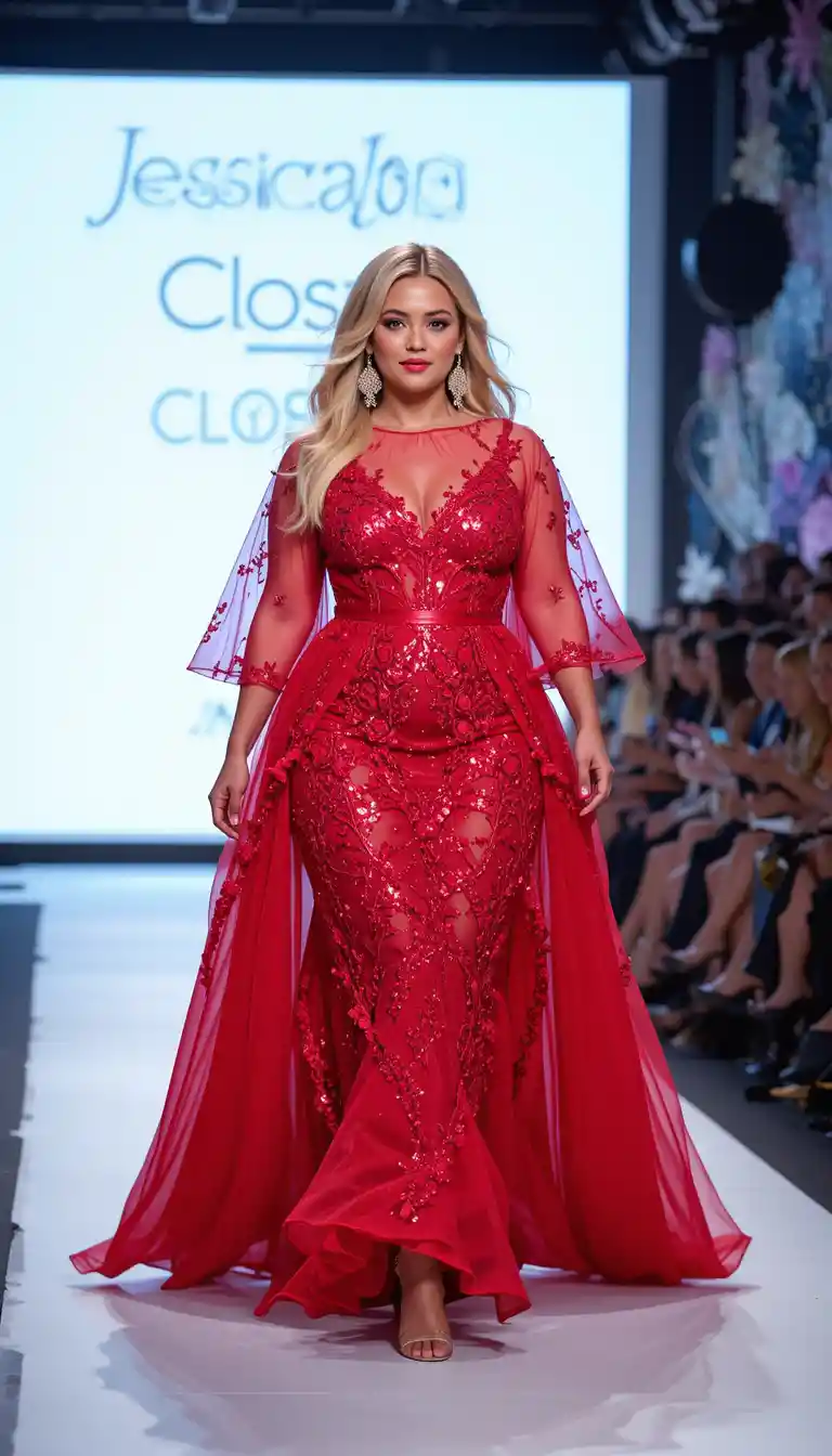 A confident islander woman walks the runway in a red gown