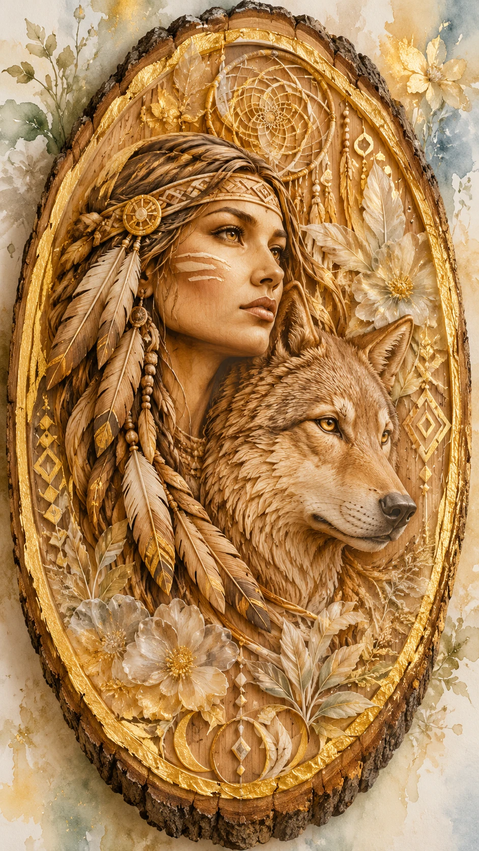 Oval birchwood relief carving with Native American woman and wolf faces