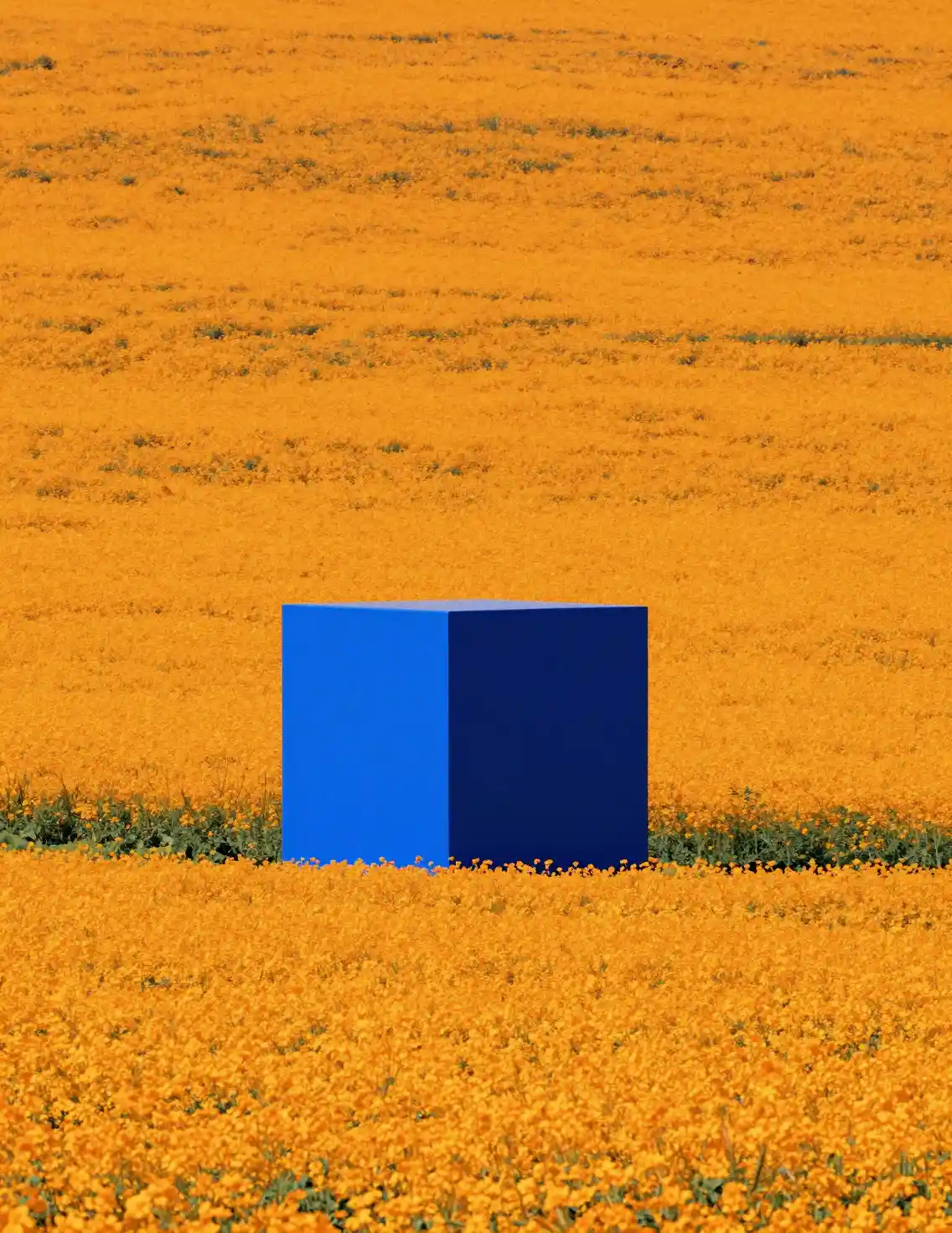 A giant blue cube stands amid blooming canola in a minimalist landscape
