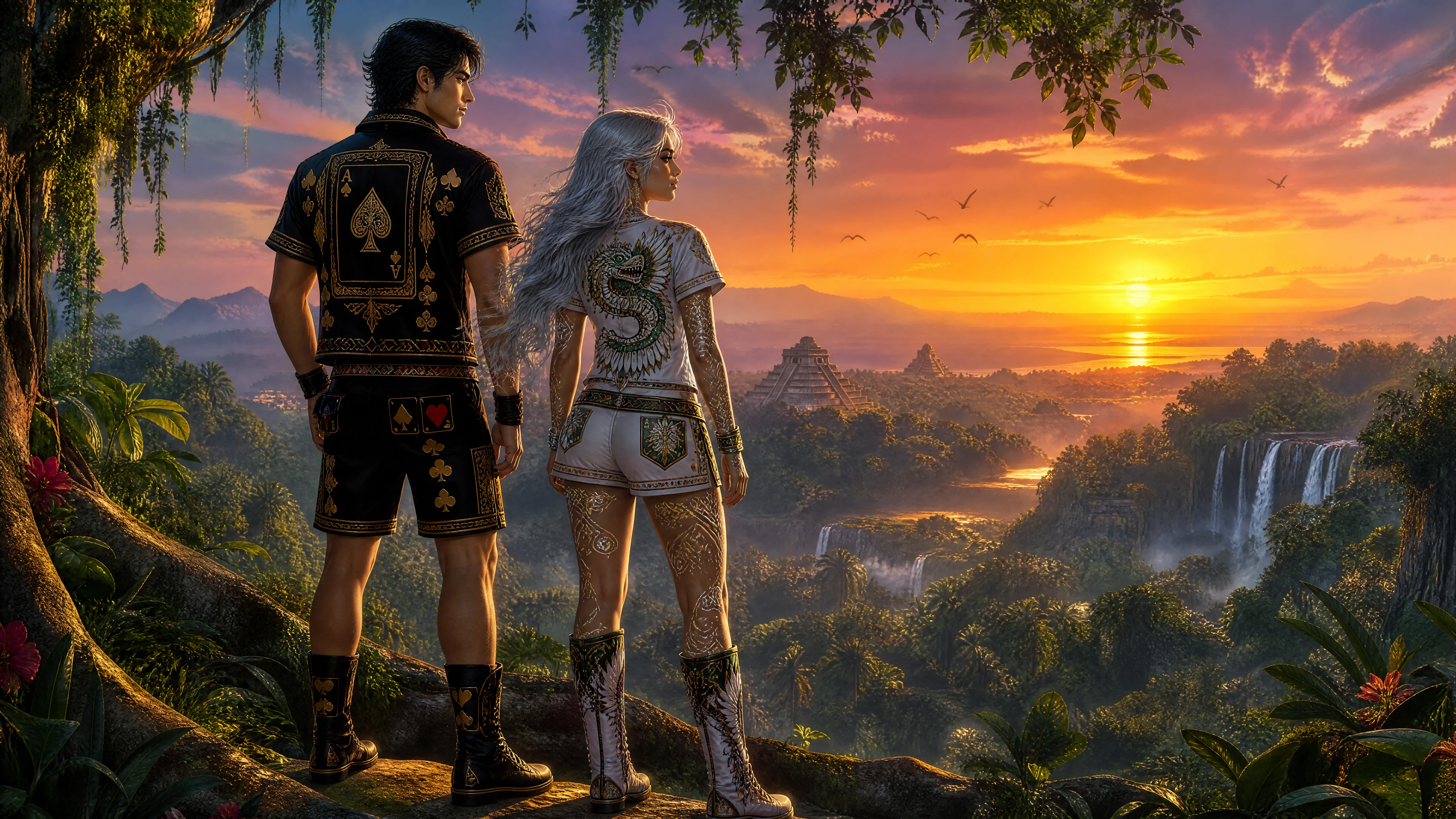 A couple watches the sunset from a branch in a tropical jungle