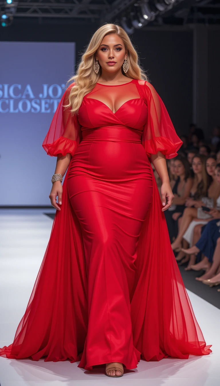 A Confident Woman Walks the Runway in a Flowing Red Gown