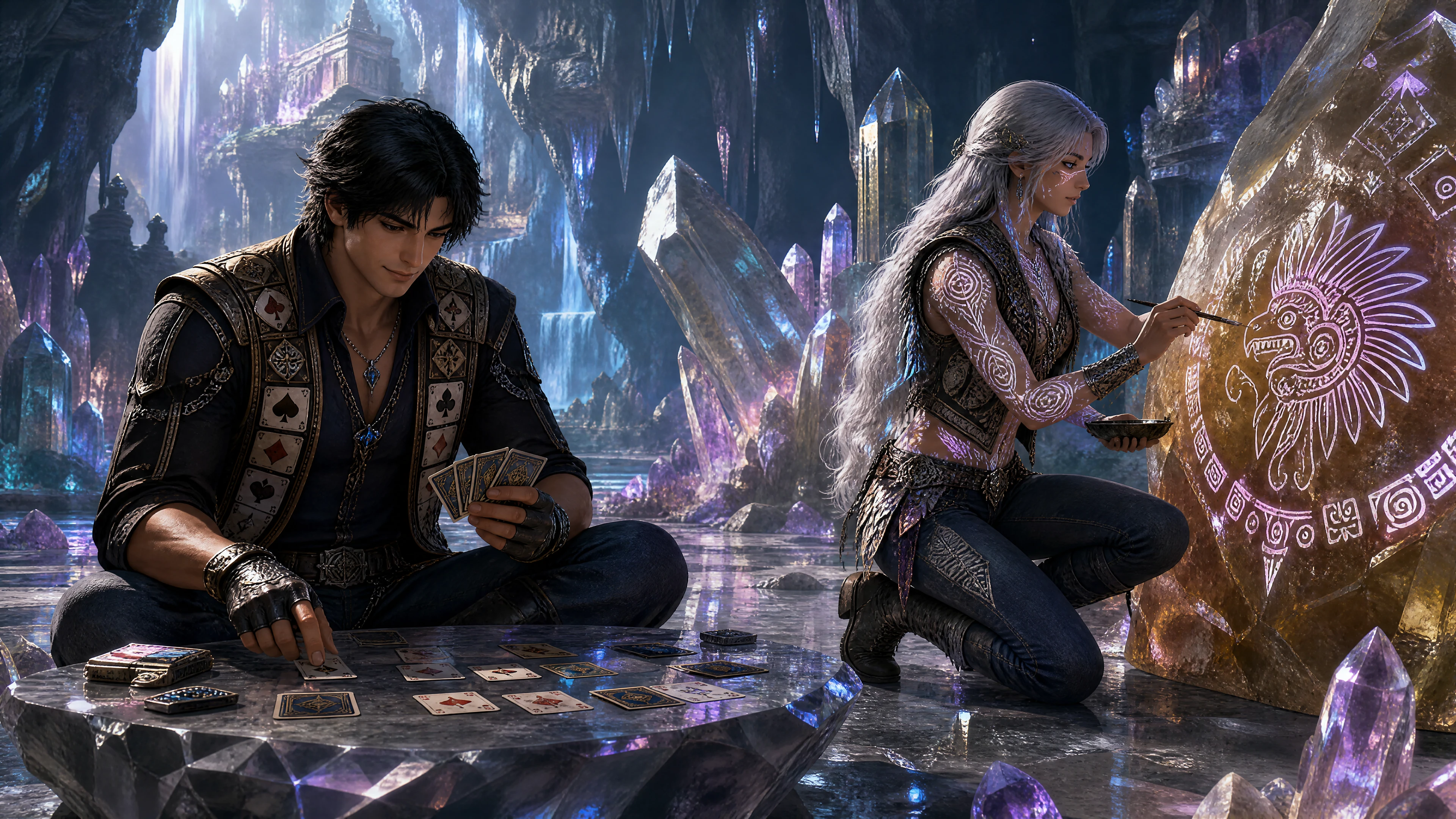 A Black Haired Man Plays Cards on a Crystal Surface in a Cavern