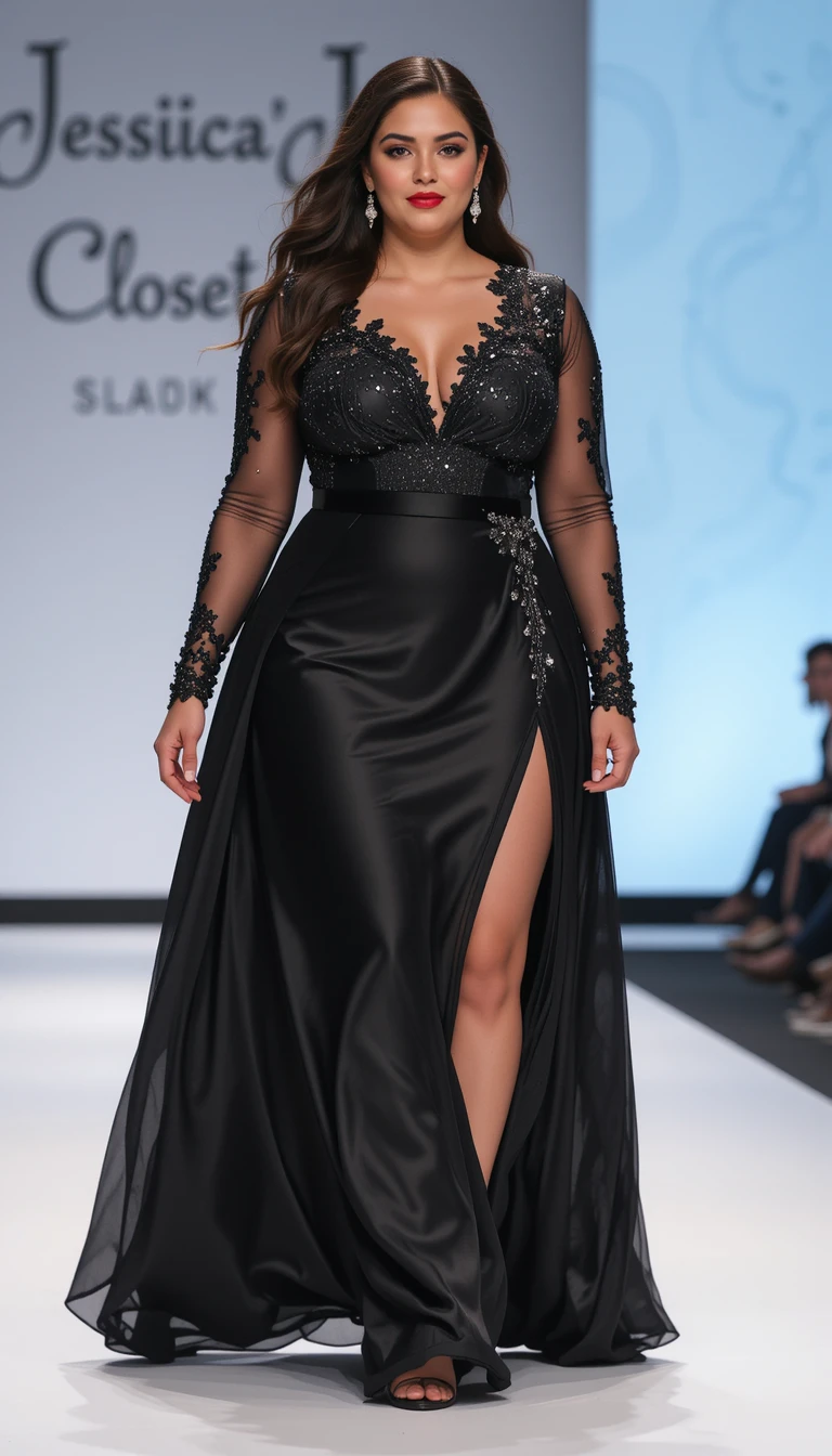 A Plus Size Model Walks the Runway in a Black Satin Prom Dress