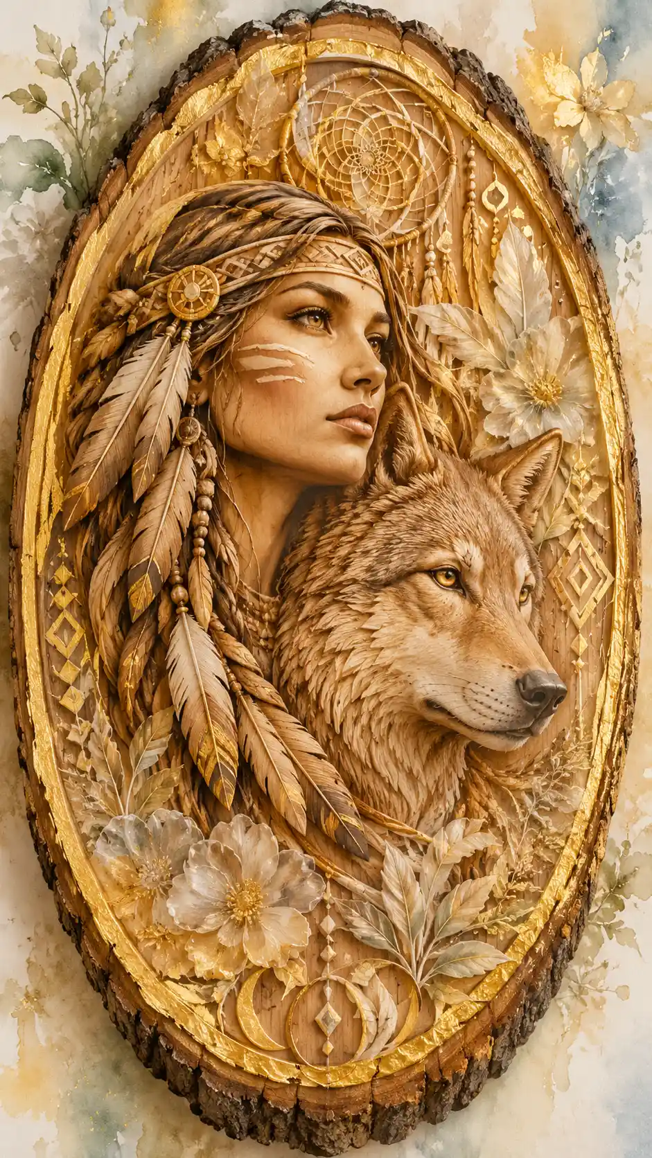 Oval birchwood relief carving with Native American woman and wolf faces