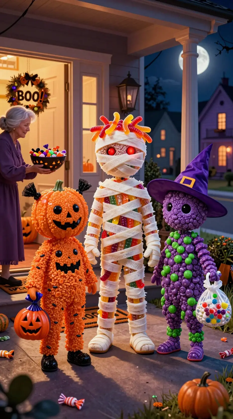 Three children made of Halloween candy stand on a decorated porch