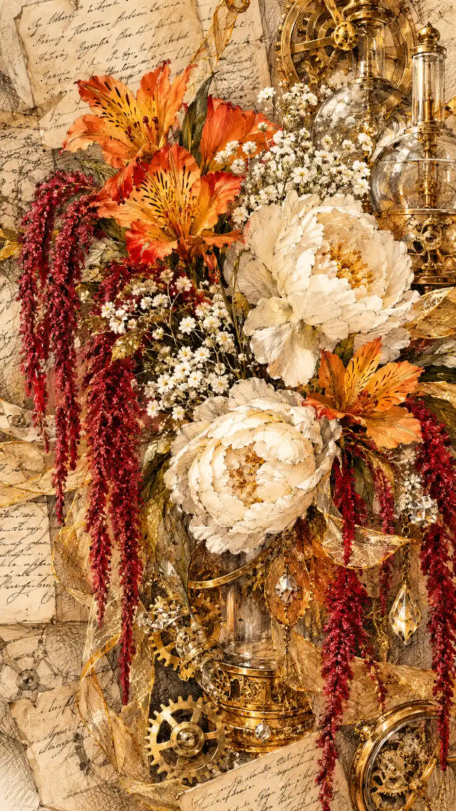 Blumen im Skizzenstil vor kalligrafischen Schriftzügen und Steampunk-Glasdetails