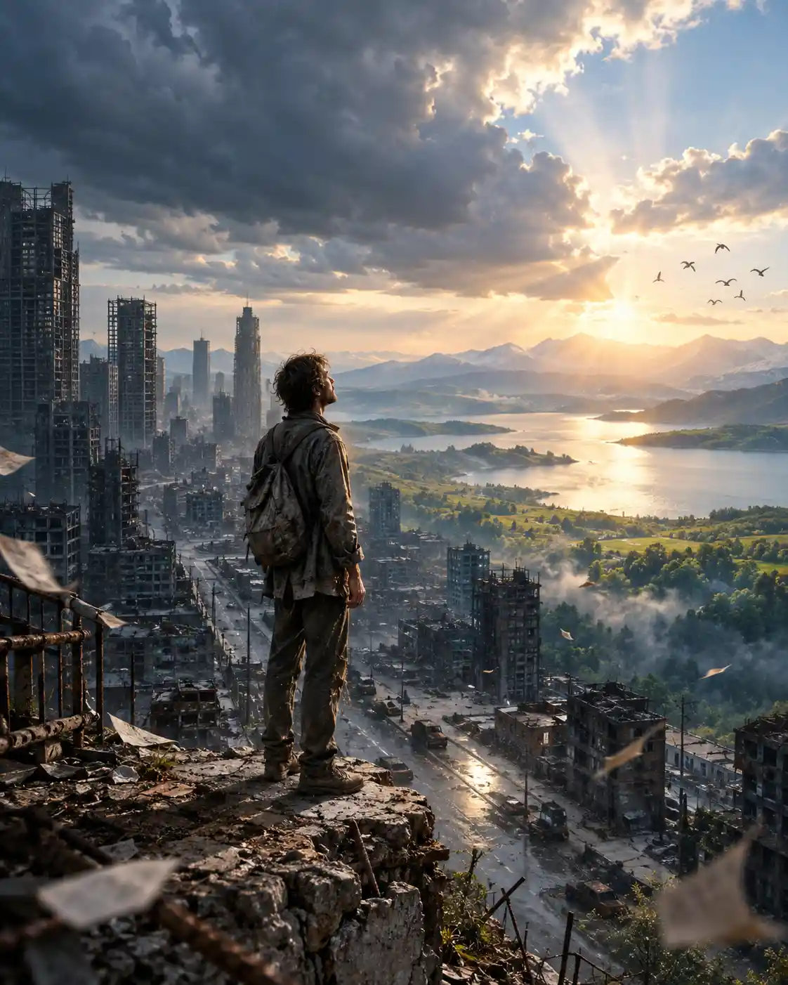A Solitary Man Faces the Horizon From a Weathered Urban Edge