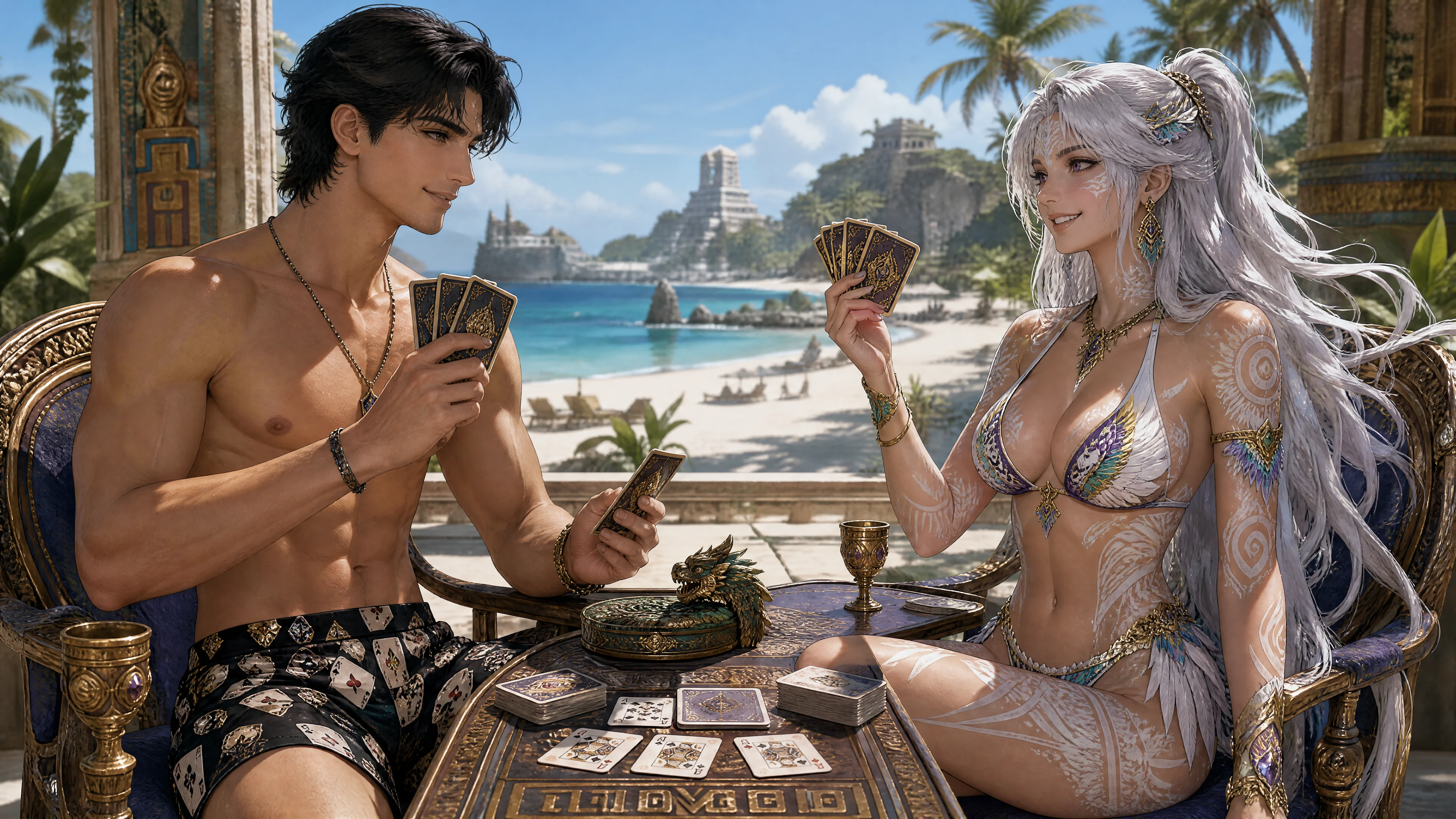 A couple plays a card game at a luxurious beach island