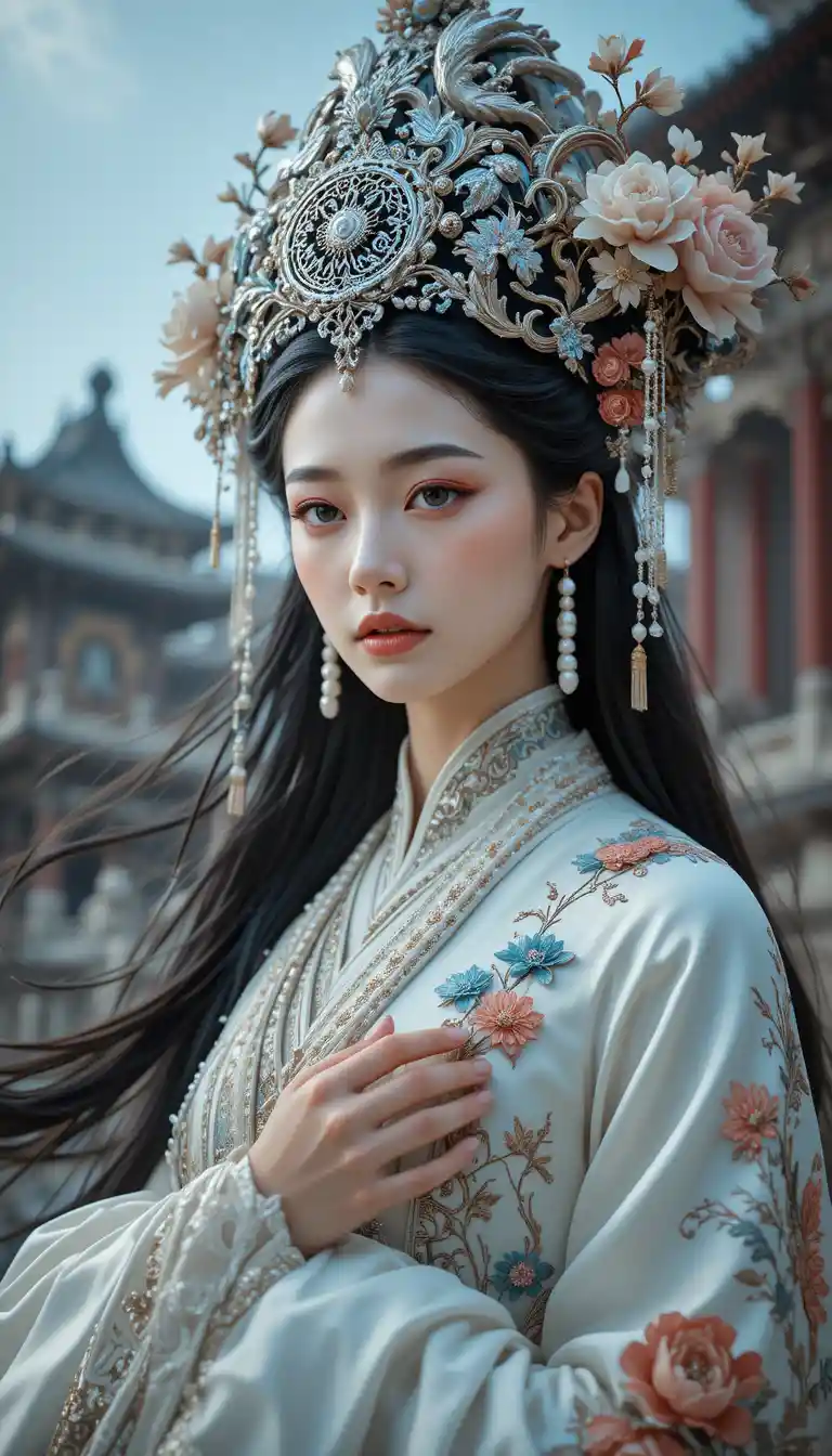 An East Asian woman in an ornate Chinese opera headdress