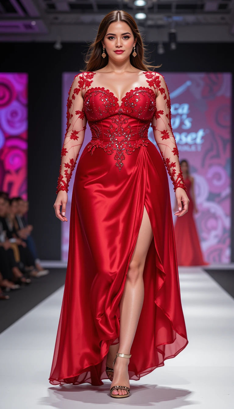 A Young Woman Walks The Runway In A Sheer Red Corset Dress