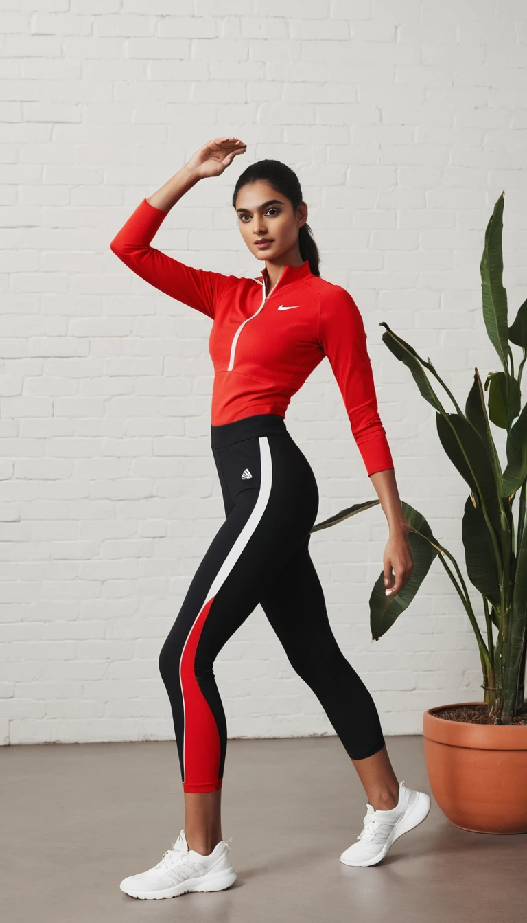 Indian Woman in a Red Romper Posing Full Length Indoors