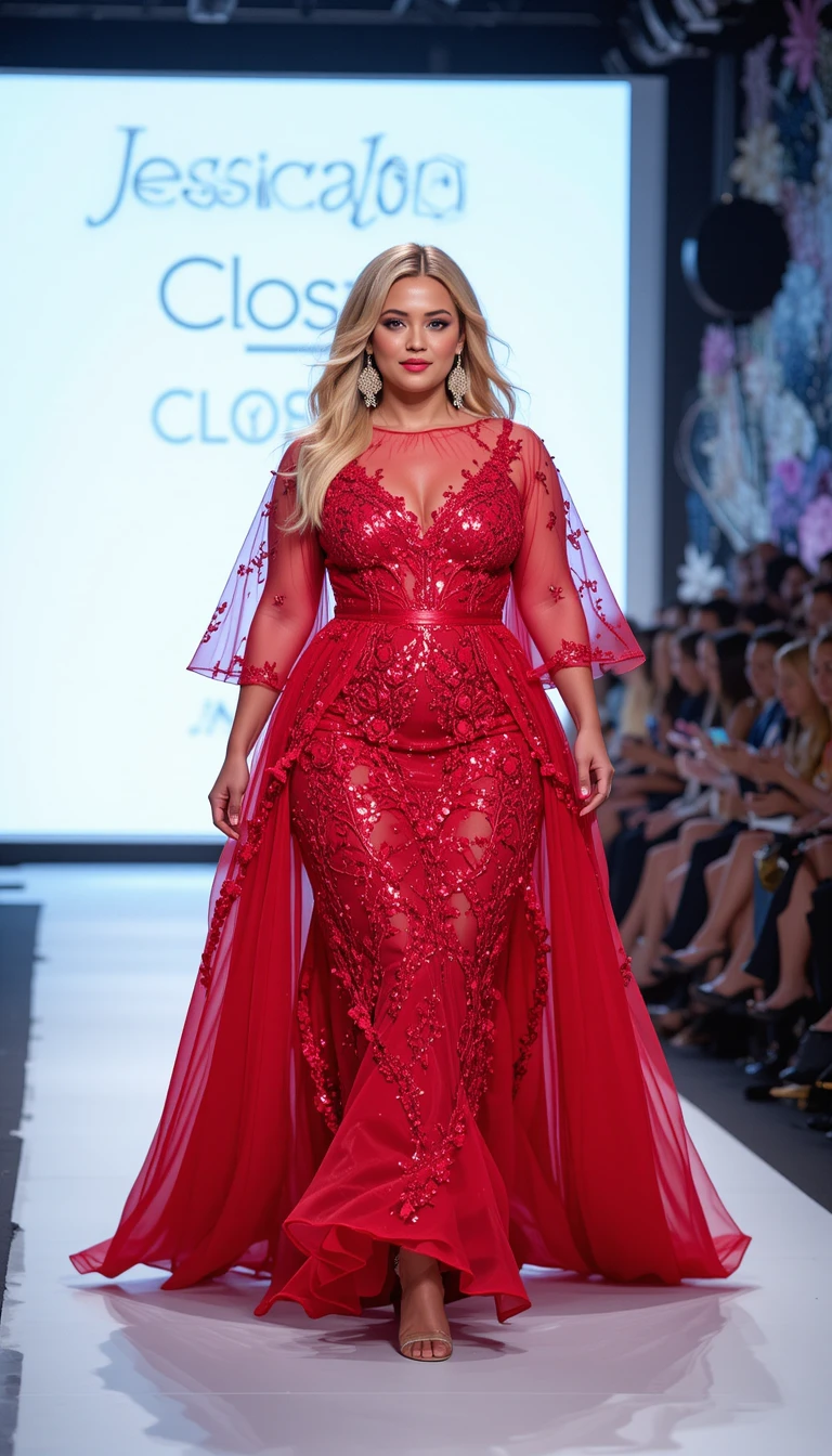 A confident islander woman walks the runway in a red gown