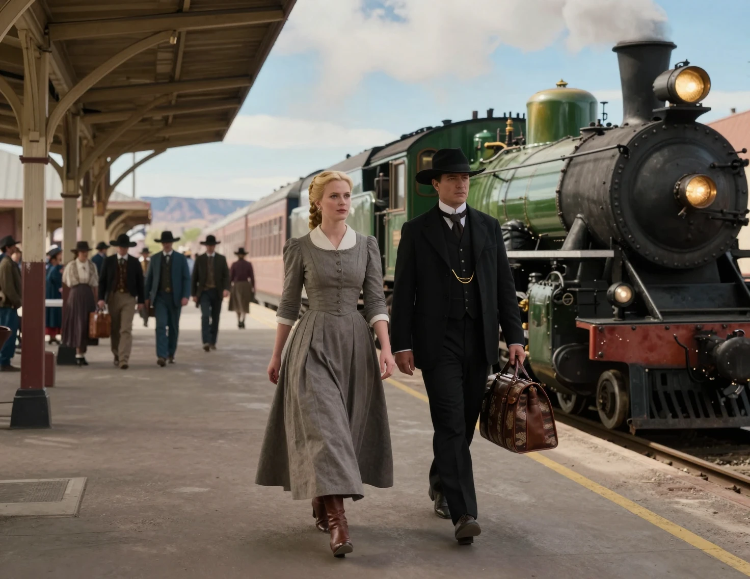 A Couple Walks Through a Bustling Steam-Filled Western Railway Station