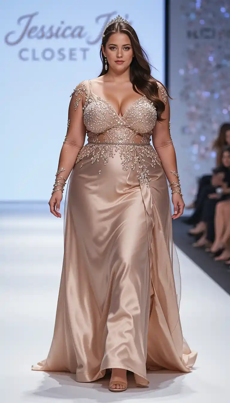 A young woman walks the runway in a champagne prom dress