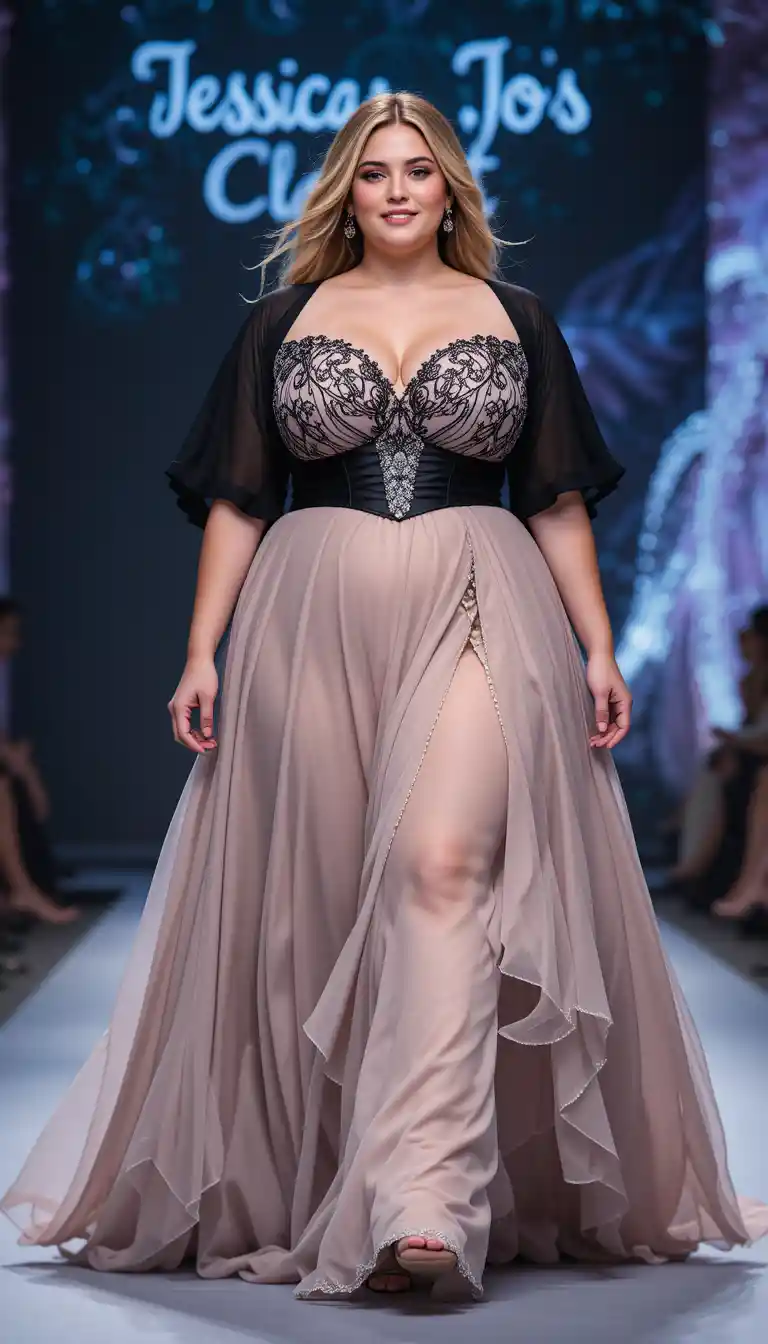 Une jeune femme défile sur le podium dans une robe noire de bal de promo
